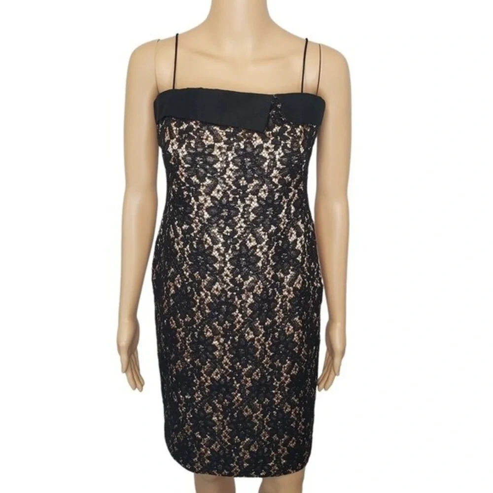 Talbots Cocktail Dress‎ Sexy Black Tan Gold Embroidered Midi Petite XS